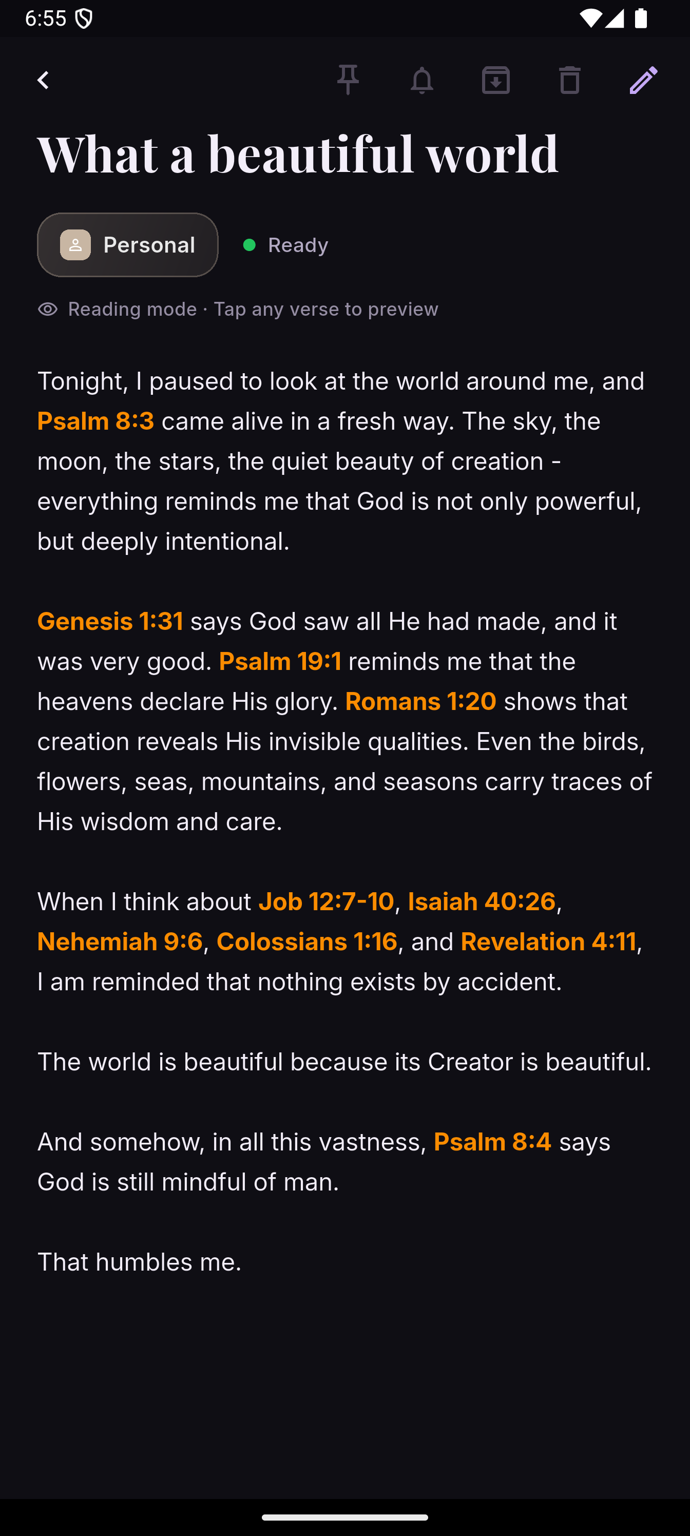 A note with an inline Bible-aware scripture preview.